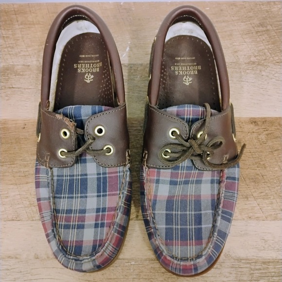 Brooks Brothers Mens Size 8 D Boat Shoes Blue Red Plaid Brown Leather‎ Loafers - Picture 2 of 12